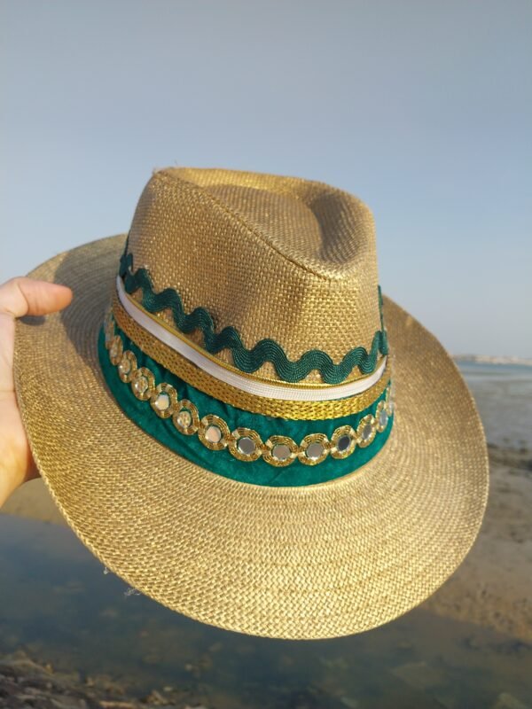 Golden Straw Fedora with Elegant Trim and Gem Detail