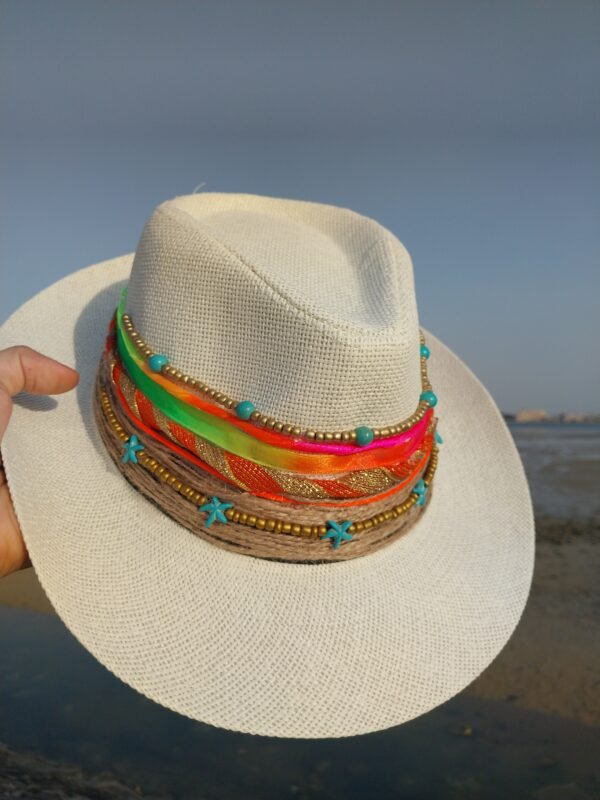White Straw Fedora Hat | Starfish, Pearls & Gold | Beach Chic 2025