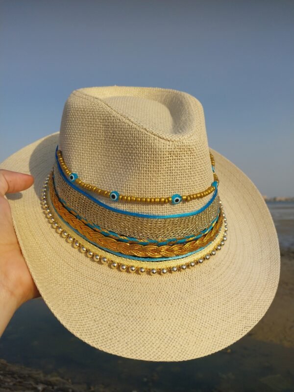 Evil Eye Straw Fedora Hat | Gold & Blue | Boho Chic