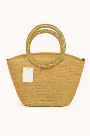 Chic Straw Handbag with Gold Ring Handles – Summer Vibes