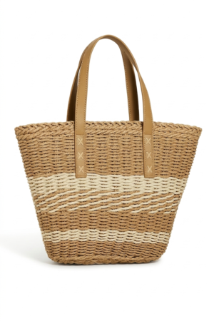 Striped Natural Woven Tote Bag with Faux Leather Handles