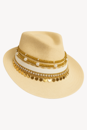 Elegant Gold Pearl Straw Fedora Hat | Handcrafted Summer Style 2025