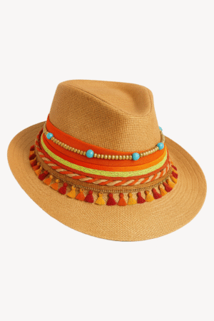 Vibrant Boho Straw Fedora Hat | Colorful Tassels & Turquoise Beads