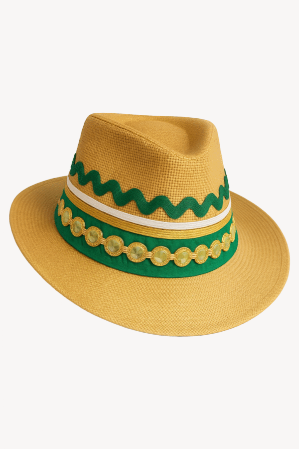 Golden Straw Fedora with Elegant Trim and Gem Detail