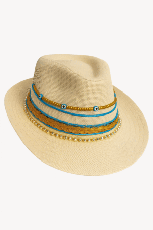 Evil Eye Straw Fedora Hat | Gold & Blue | Boho Chic